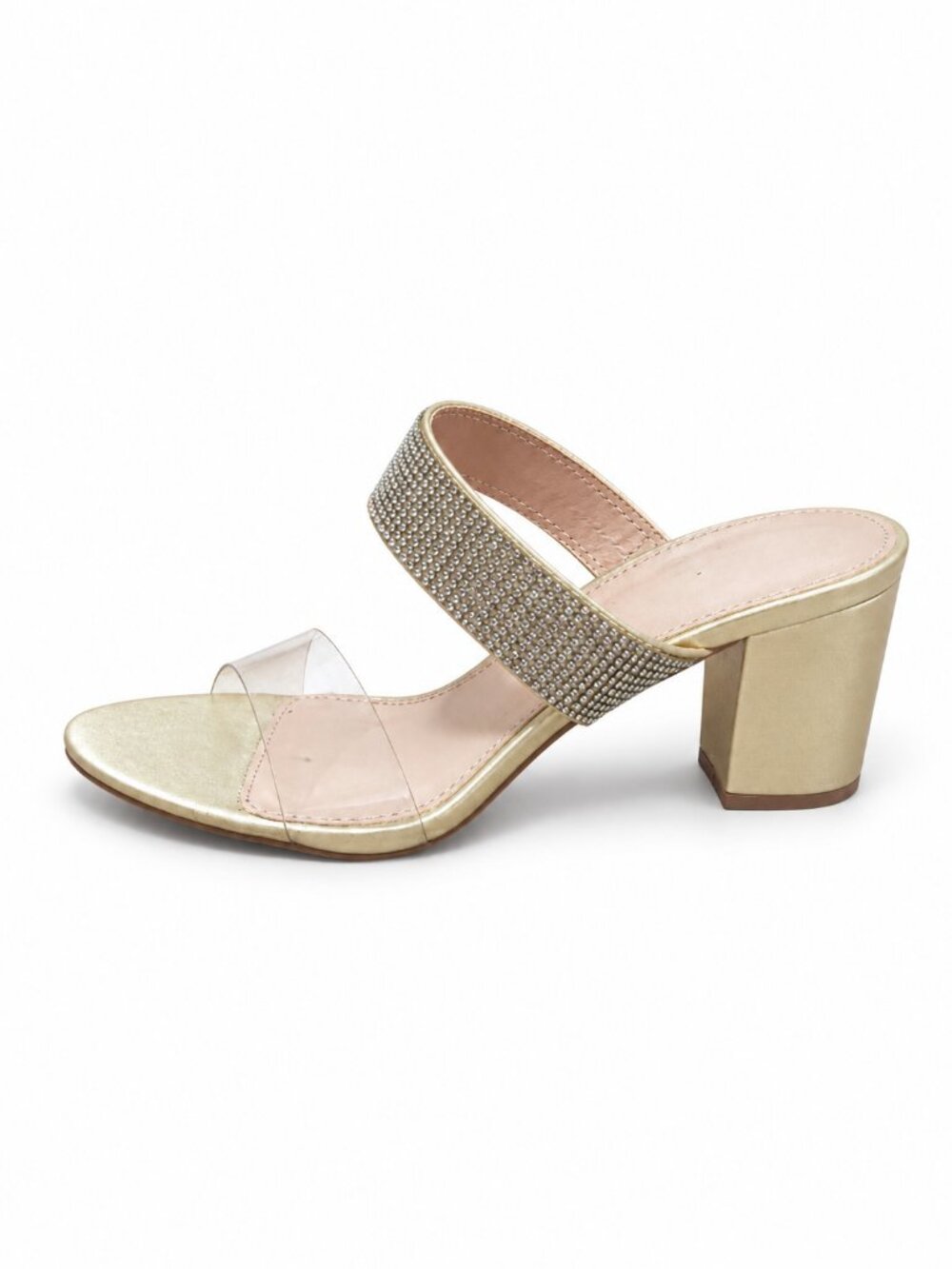 Allegra K Gold Rhinestone Instep Strap Block Heel Slide Sandals Size 7